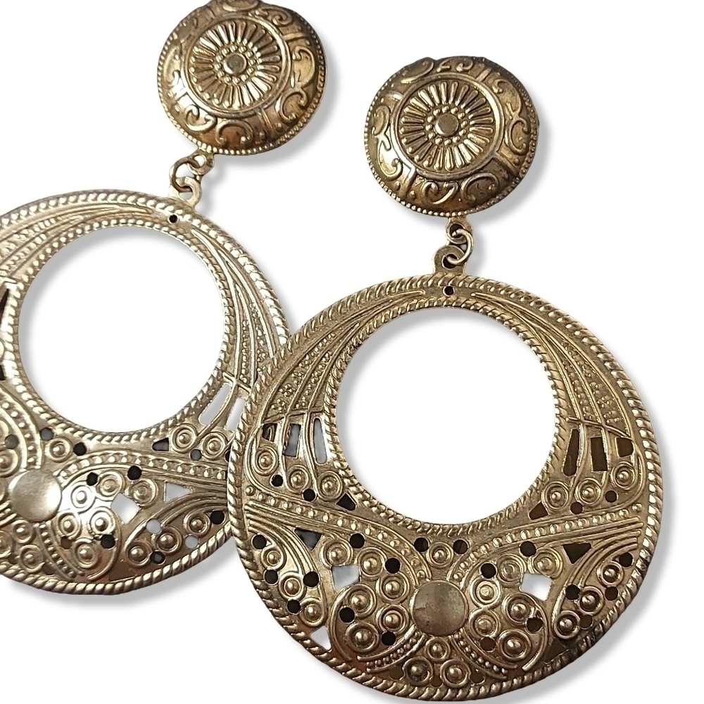 VINTAGE Style Antique Brassy Gold Stud Circular Dangle Earrings